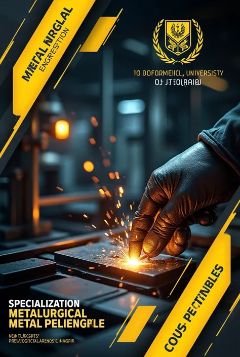 Create an advertising poster about a specialization course in metallurgical engineering and metal mechanics using black and yellow colors and adding the logo of the Pedagogical and Technological University of Colombia. The poster must be in English.
