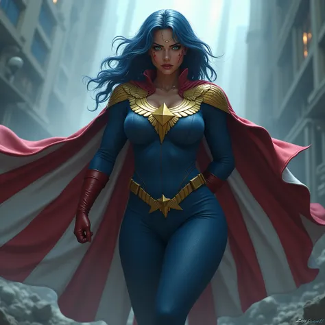 A powerful superhero character in a dramatic action pose, She has her hands behind her back. Shes a biracial latina woman .She wears a dark blue, textured bodysuit with golden like heads of eagle on her shoulders and wear red long gloves until her elbows. ...