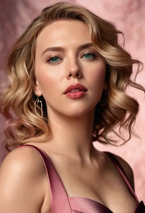 Create an ultra-realistic portrait of a woman with features closely resembling Scarlett Johansson. She has fair skin with a natural, soft glow, deep blue-green eyes with a subtle sparkle, and full, slightly parted lips with a soft pink hue. Her wavy blonde...