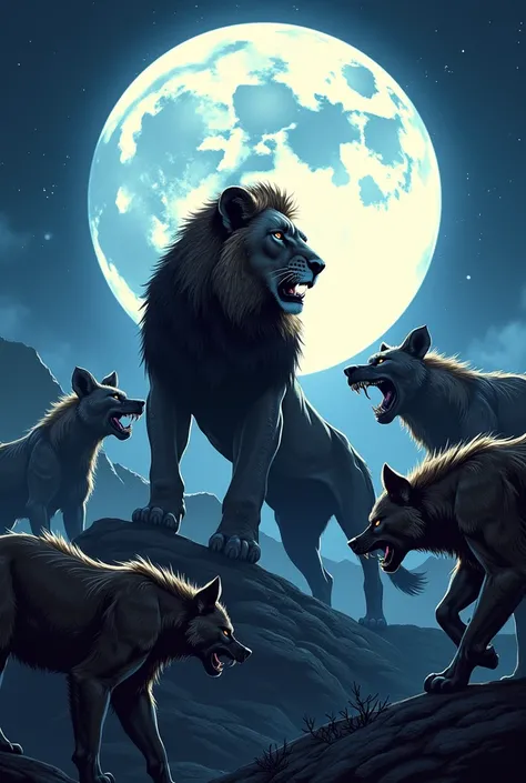 A lion standing in the center of the image looking around in a defensive posture. Around the lion you can see dozens of hyenas with malicious looks wanting to attack the lion., The sky has a huge moon and lots of stars around it., I want the scene to conve...