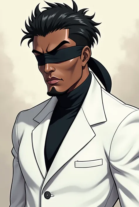 Black guy in a white suit and a black blindfold anime style