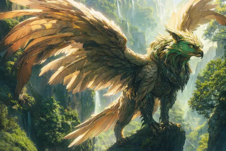 (best quality, photorealistic, ultra-detailed), griffin, a hawk with the body of a lion, wings, tail with feathers, green trees,...