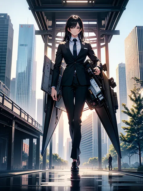 (Masterpiece、Ultra-high resolution、Detailed expression、Beautiful depiction、8k、Highest quality、Artwork:1.2)、(Giant:1.4)、Beauty、whole body、Beautifully detailed face、Over the city、A towering presence、Black Hair、business suit、White Shirt、Black pants、skyscraper...