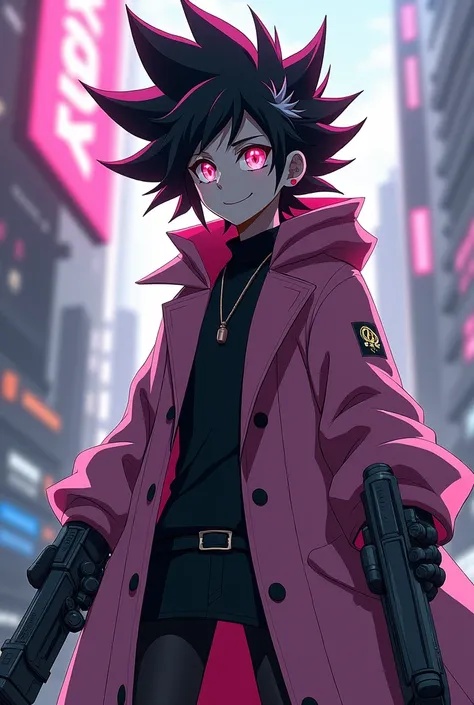 Anime, Robot Guy With Black And Pink Spikey Hair, Metallic full face mask, Long Coat, two guns, goofy, smiling, funny, robot