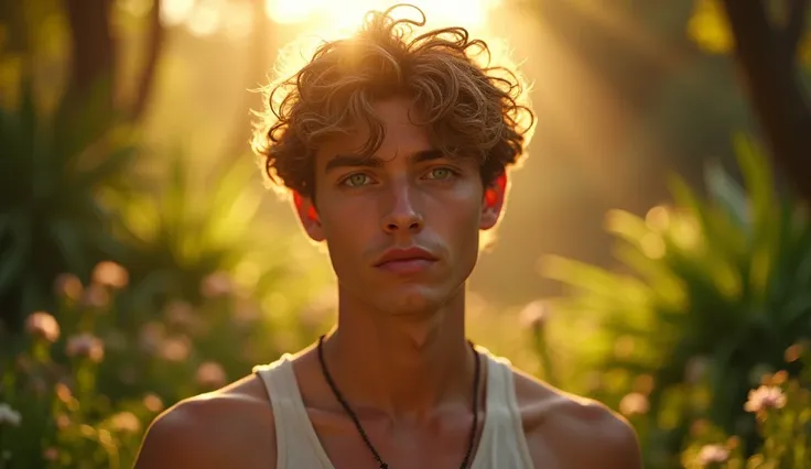 Descreva uma imagem de Adam staring in the enchanting garden of Eden with Adam. Adam is in his 20s, short curl light brown 7" hair, green eyes. emanating a divine aura and looking directly into the camera with a penetrating and compassionate gaze. The scen...