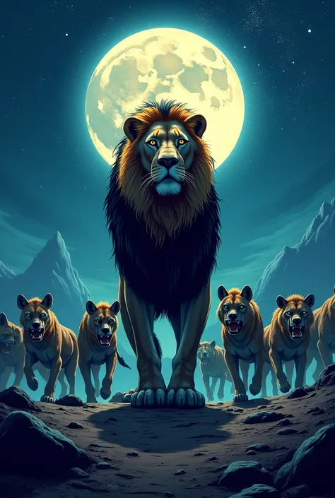 A lion standing in the center of the image looking around in an attacking posture. Around the lion you can see dozens of distant hyenas with malicious looks wanting to attack the lion., The sky has a huge moon and lots of stars around it., I want the scene...