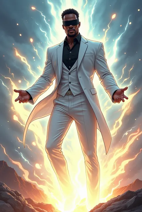 Black guy in a white suit and a black blindfold anime style with magic doing cool pose