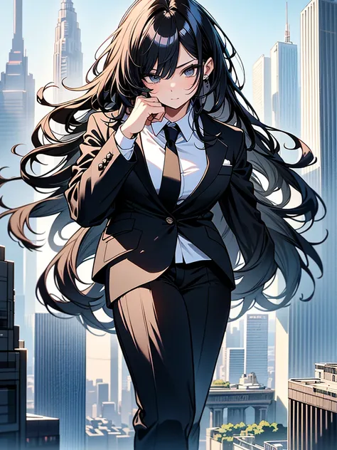 (Masterpiece、Ultra-high resolution、Detailed expression、Beautiful depiction、8k、Highest quality、Artwork:1.2)、(Giant:1.4)、Beauty、whole body、Beautifully detailed face、Over the city、A towering presence、Black Hair、business suit、White Shirt、Black pants、skyscraper