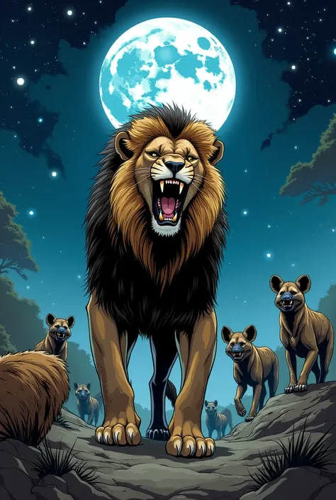 A lion in the center of the image looking around in an attacking stance. Around the lion you can see dozens of distant hyenas with malicious looks wanting to attack the lion., The sky has a huge moon and lots of stars around it., I want the scene to convey...