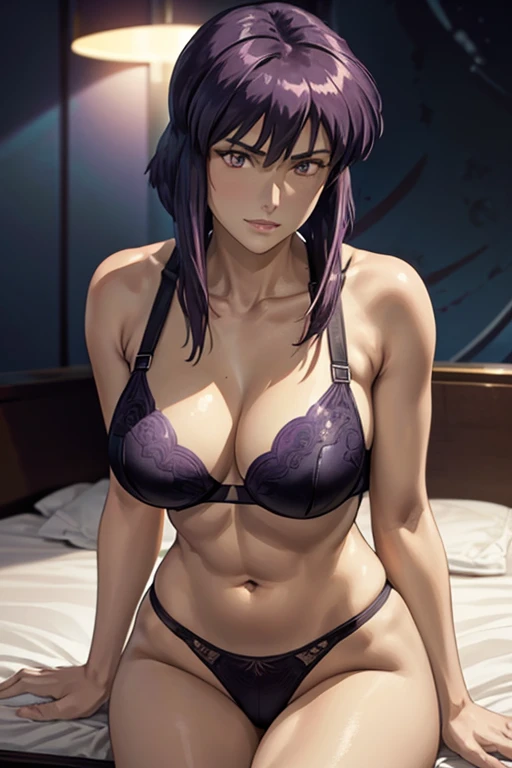 Masterpiece, Top Quality, Kusanagi Motoko, Anime, 8K, "She has shoulder-length dark purple hair with straight bangs and piercing, confident reddish-brown eyes." "(Her face is somewhat rounded: 1.3)" She wears sleek, form-fitting "(See-through underwear: 1....