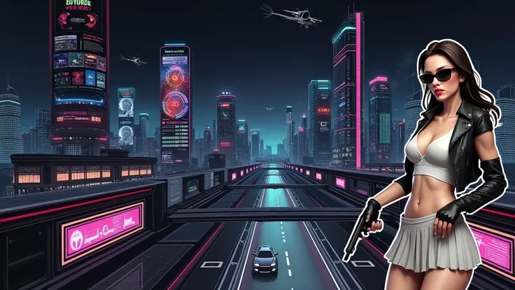 Futuristic cityscapes with colorful all-glass outlined towering skyscrapers with lightning, flying vehicle. High-resolution OLED GUI interfaces in the building, The windows are filled with transparent data visualization infographics that show it all, from ...