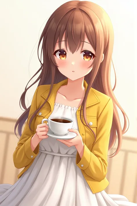 Draw a  anime girl with brown hair yellow and red eyes wearing a yellow jacket white dress holding a cup of coffee 