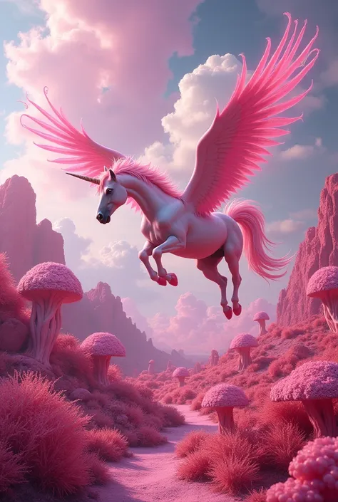 A pink world with clouds shaped like edible breasts. Flying unicorns that jump around and fart colorfully. Flowers shaped like spiky magic mushrooms in an gothic picture with sperm around