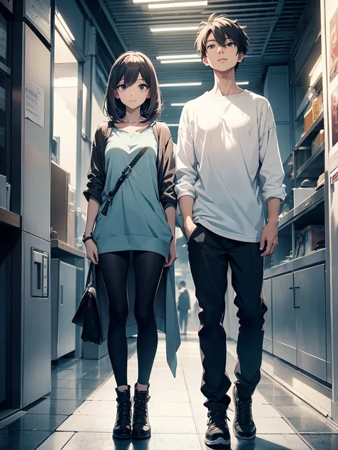 Two people, Young Man, Are standing,whole body,Looking at this,anime, line art anime