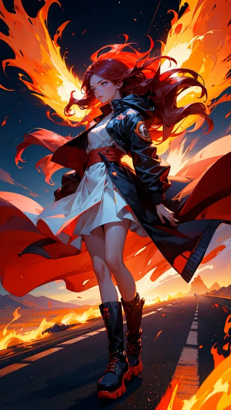 red color must, A beautiful, cute girl with fiery determination, standing on top of a speeding sports car with flames trailing behind it, racing down a rainbow-colored road in the sky. She has long, flowing hair that waves with the wind, wearing a sleek, s...