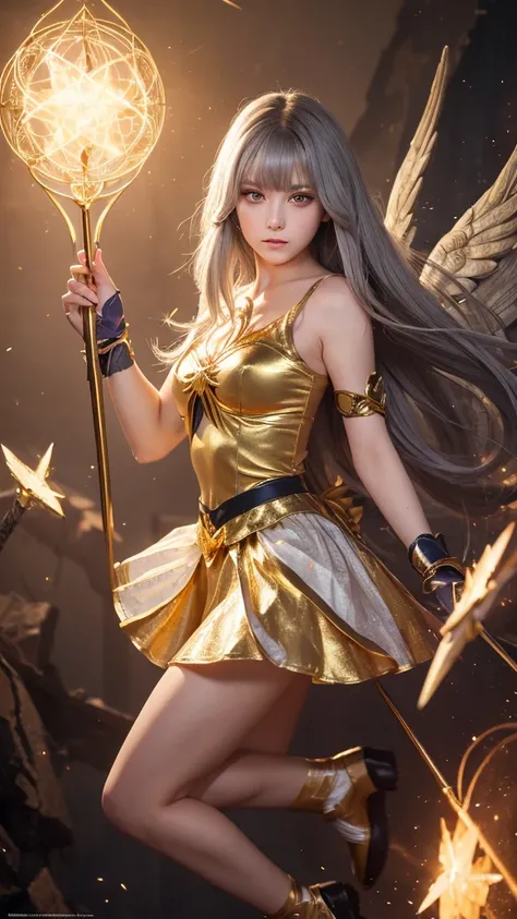 Portraiture, Long Hair, Gray Hair, Golden Eyes,  One girl, head, face, Magical girl, Absurd, masterpiece, Highest quality, Magical girl costume, ((Magical girl)), short hair, Devastation, Remains, Dynamic pose, Apocalypse, Spell casting, Style-Glass, Full ...