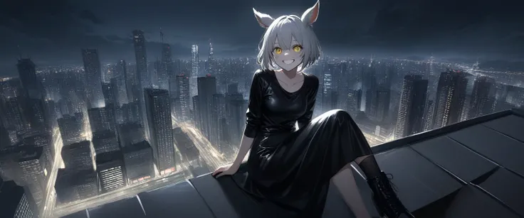 black and white bicolor hair, ,Asymmetrical hair, short hair,Crazy-eyed lady sitting on the edge of a building roof。Yellow Eyes, Grin。Black boots。Black latex long skirt。Black Shirt。Armed。Goat ears,Lonely。Dark atmosphere。Skyscrapers stretch to the horizon。N...