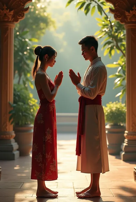 A woman bows her hands to a Thai man.