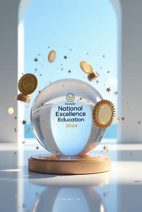 A 3D rendering of a crystal globe with the Advaita logo at its center, surrounded by floating awards and the text "National Excellence in Education" hovering around it,and mention the date DECEMBER 14 2024