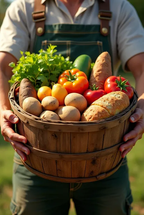 large wooden basket with food: Potatoes, Brot, Vegetable, held by two arms