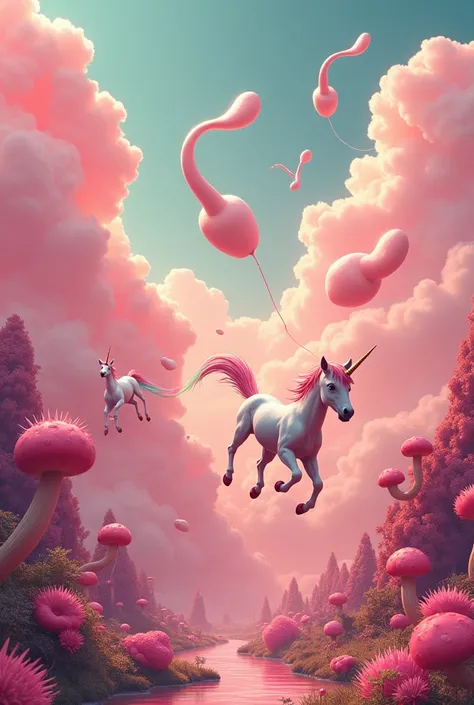 A pink world with clouds shaped like edible breasts. Flying unicorns that jump around and fart colorfully like rainbow. Flowers shaped like spiky magic mushrooms and flying sperm. Old school picture