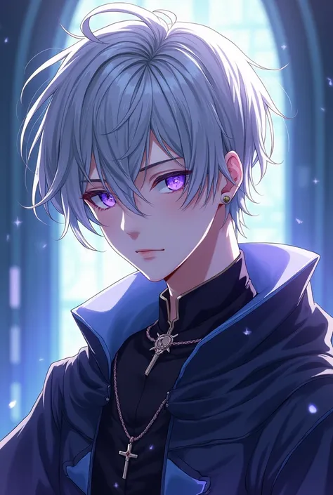 Anime, handsome youth, silver hair that is slightly pulled back on the left side 
very ruffled at his forehead, dividing into multiple other strands, mesmerising amethyst eyes, male idol, left ear piercing in form of a cross, noble bearing, demon ascendanc...