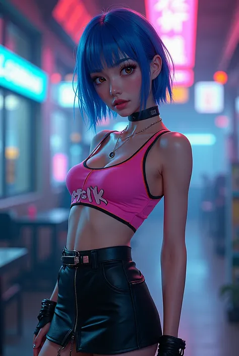 An ai japanese girl in her 20s with blue short hairs w bangs and shes wearing a black leather skirt and a y2k inspired top