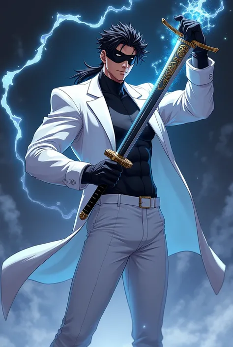 Black anime guy in a white suit and a black blindfold with magic doing cool pose with a sword