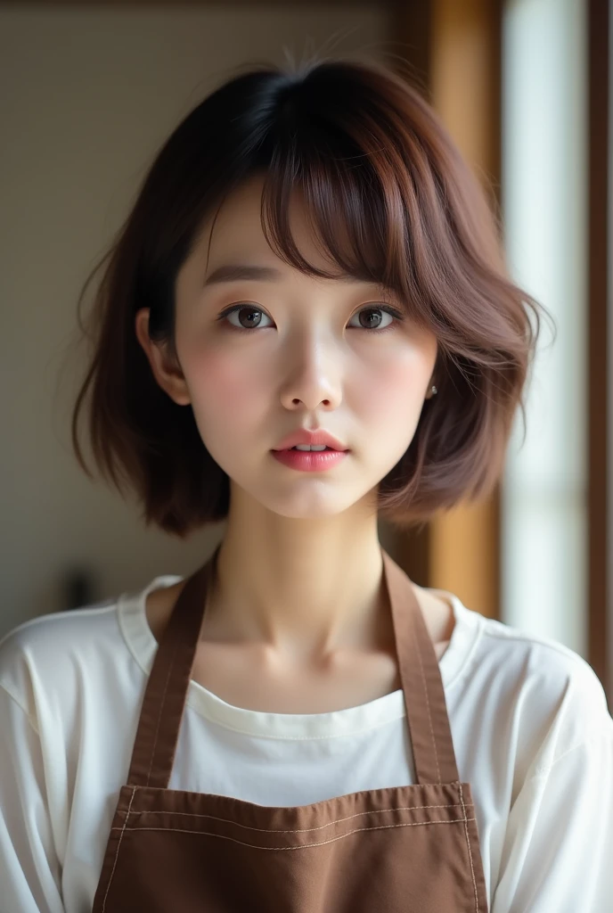 Japanese women、50 years old、Brown Hair、Hairstyle to the shoulders、Apron appearance、Ｂcup、Embarrassed look