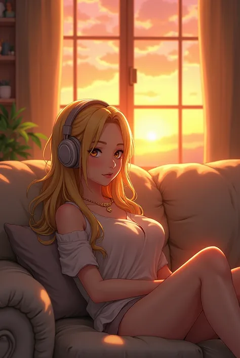 Beautiful blonde girl sitting on sofa in room,Wearing headphones,Gold Necklace,I can see the sunset from the window.,High resolution,Ghibli-style anime scene