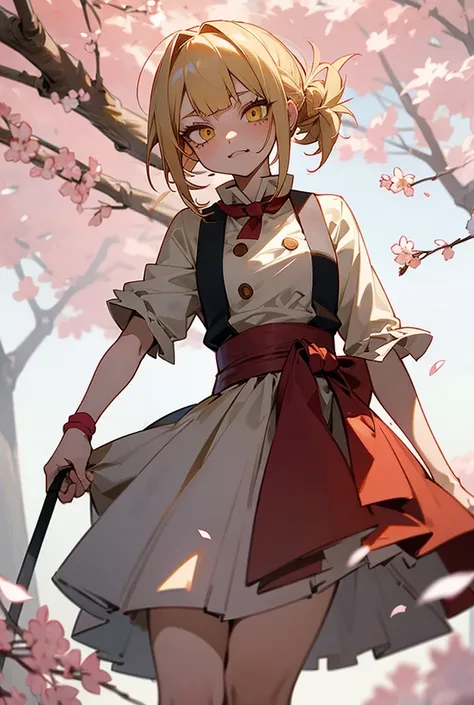 anime my hero academia girl toga himiko with ash blonde hair and yellow eyes with her hair tied back with a fang gothic image walking down a tree path while cherry blossoms fall 