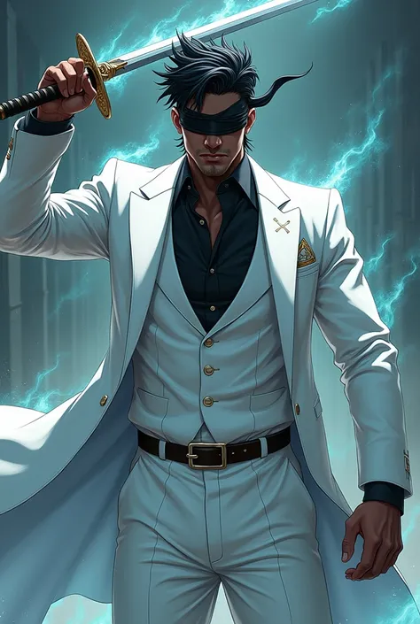 Black anime guy in a white suit and a black blindfold with magic doing cool pose with a sword