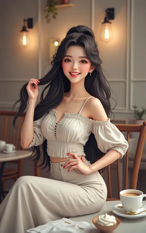 a girl with long black hair, laughing and tying her hair in a ponytail, beautiful girl in a cafe, (best quality,4k,8k,highres,masterpiece:1.2),ultra-detailed,(realistic,photorealistic,photo-realistic:1.37),detailed eyes,detailed face,detailed lips,longeyel...