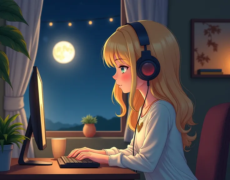 Beautiful blonde girl working on a computer at a desk,Wearing headphones,Gold Necklace,I can see the moon from the window,High resolution,Ghibli-style anime scene