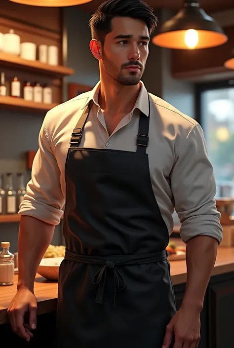 30 year old man with an athletic and well defined body, broad shoulders and a slight bulge in the lower leg area visible through the apron. Your face should have a strong jawline, Straight Nose, and a gentle and seductive look. The hair is black, smooth an...