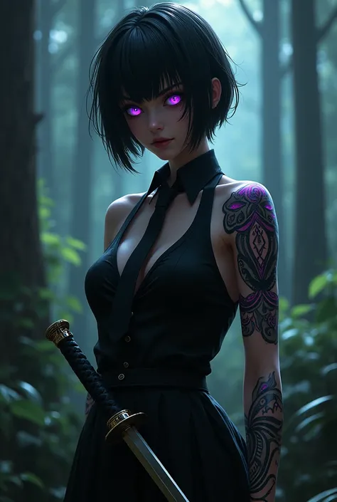 Kizi, short dark hair, Purple eyes, black clothing, necktie, shining tribals, holding a katana, forst, natta, shining eyes.