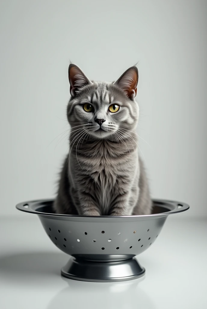 masterpiece, Highest quality, High resolution, Cat in a colander、grey、