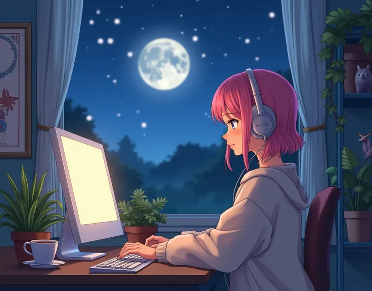 Beautiful pink haired girl working on a computer at a desk,Wearing headphones,Silver necklace,I can see the moon from the window,High resolution,Ghibli-style anime scene