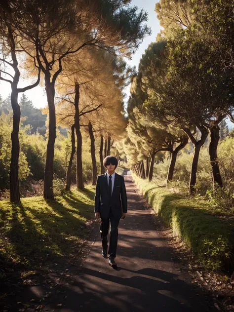 High school boy in a suit, mushroom hair, Walking alone on a dark path full of dry trees 