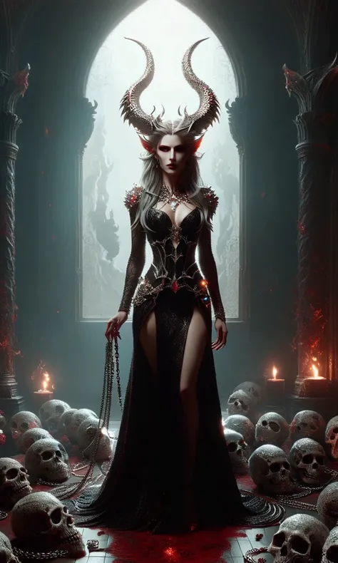 a woman in a black dress with horns and chains standing in a room full of skulls, diablo 4 lilith, white horns queen demon, cinematic goddess shot, beautiful elegant demon queen, queen of hell, diablo 4 queen, demon woman, demon girl, succubus, cinematic g...