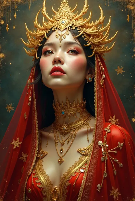 (gold leaf art:1.5), (oil paint art:1.2), (ool painting on canvas), (extremely detailed CG unity 8k wallpaper), full body shot photo of the most beautiful artwork in the world,  red vale, golden crown, diamonds, thin pieces of gold leaf glued on places of ...