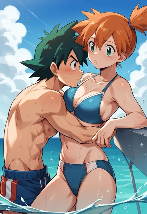 1boy, ash ketchum, black hair, brown eyes, hair between eyes, ash ketchum, shirtless, male swimwear, handsome boy, macho, good looking boy 1girl, misty pokemon, orange hair, green eyes, blue swimsuit, blue bikini, pretty, beautiful girl photograph of a 18 ...