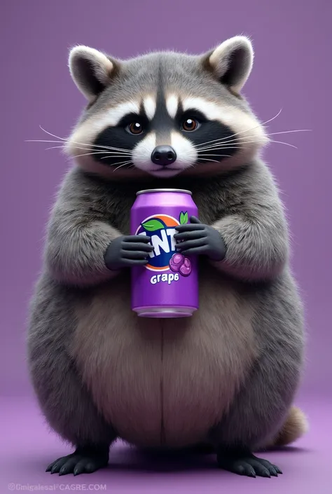 A fat raccoon holding a Fanta grape、high resolution、Eye Crawling、