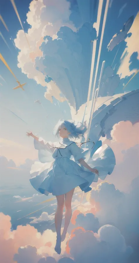 masterpiece, best quality, movie still, 1girl, floating in the sky, cloud girl, cloud, (close-up:1.1), bright, happy, fun, soft lighting, (Bauhaus, shapes, lines, abstract:1.1)