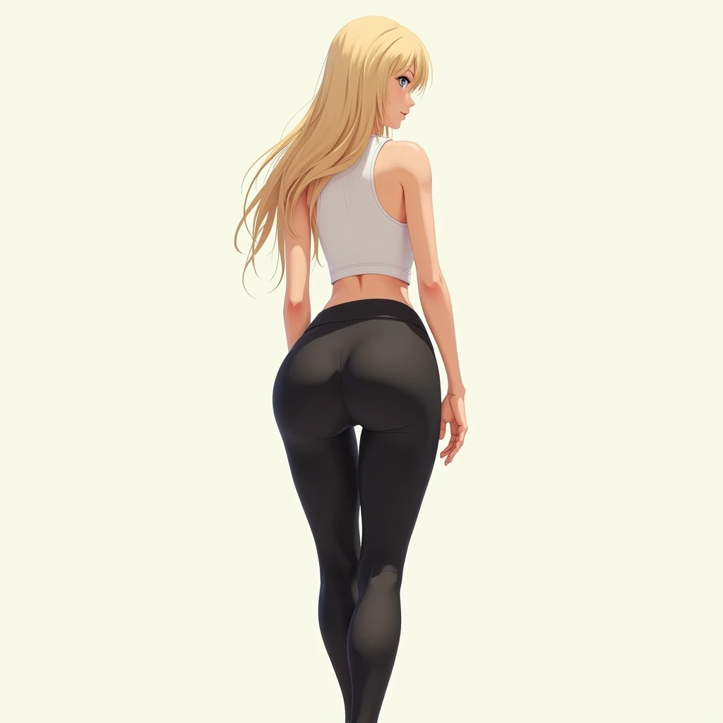 anime girl, long blonde hair, plain background, white tank top, slightly exposed midriff, tight black yoga pants, tall, hourglass figure, prominent hips, from behind, looking to the front, walking and swaying buttocks.