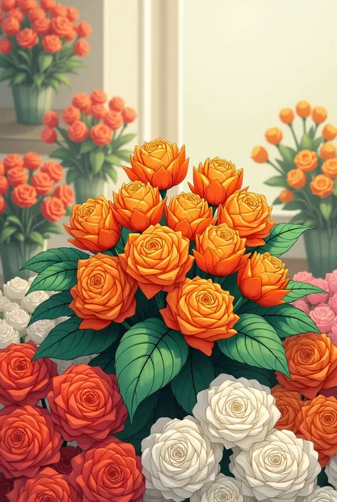 **Row of flowers** - A shop selling various kinds of flowers such as red, white, and orange roses. A cluster of orange flowers with large green leaves should be seen at the front, adding life to the other flowers around it. In just a simple drawing form