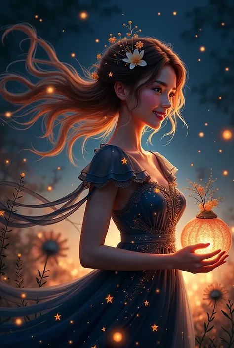 Ornaments of light, dramatic illusion of nature everywhere and a lady is feeling the environment with a lovely smile wearing a lantern light dress with so many star designs and she is holding a floral light basket in her hand