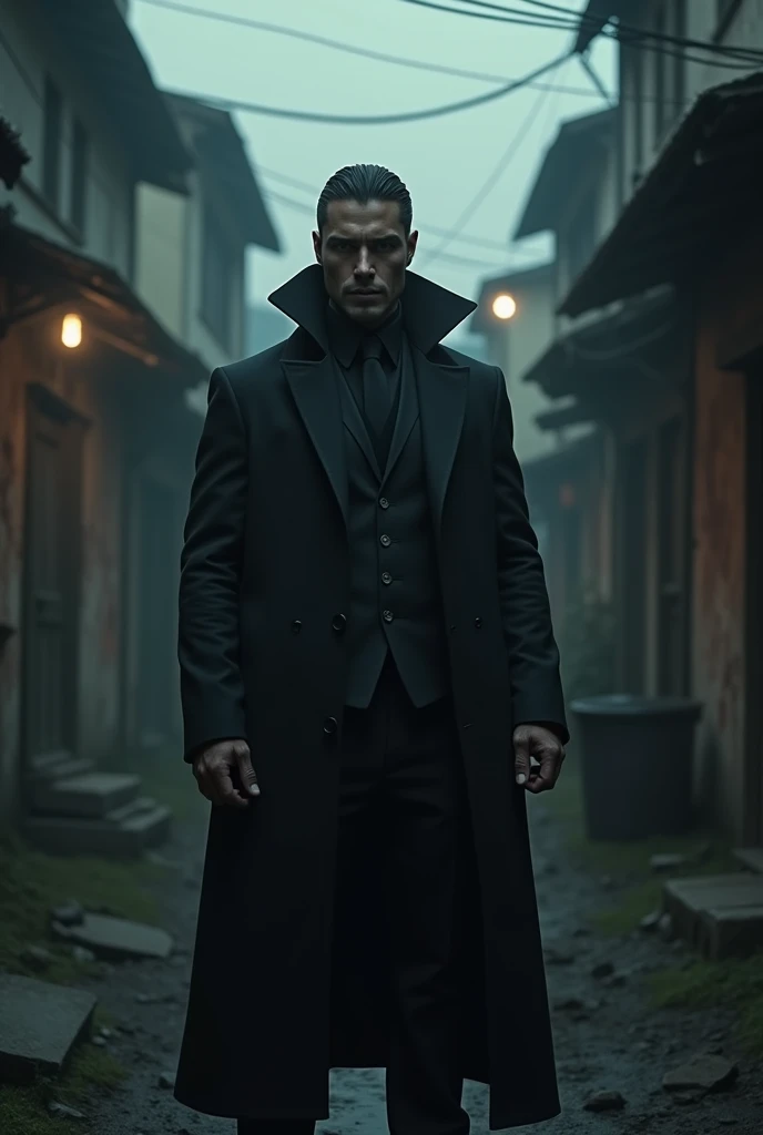 a handsome man in a dark, mysterious village, dramatic lighting, detailed facial features, piercing eyes, chiseled jawline, dark clothing, moody atmosphere, cinematic composition, gritty urban setting, dramatic shadows, muted color palette, grunge, gothic,...