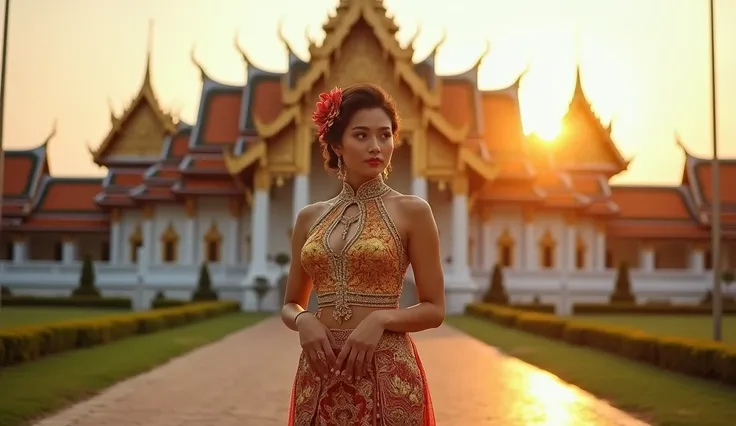 sabaithai A woman in an opulent traditional Thai outfit, posing confidently in front of a majestic royal palace, with golden light illuminating her figure, enhancing the intricate details of her attire.