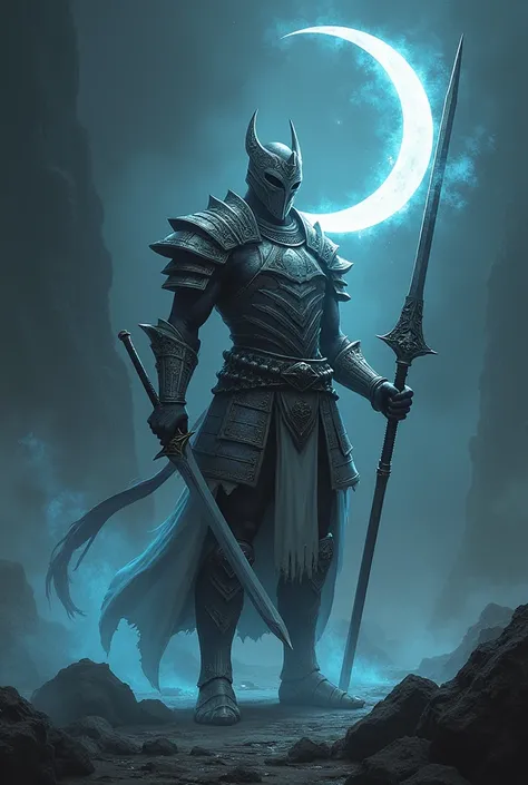 Elden Ring style, Dark Souls style, male warrior, one katana, one halberd, silver light armor, blue magic, eastern warrior, hidden face, Crescent moon